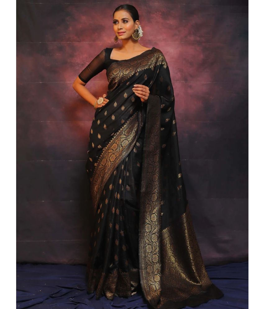     			Vastukala Art Silk Solid Saree With Blouse Piece ( Black , Pack of 1 )