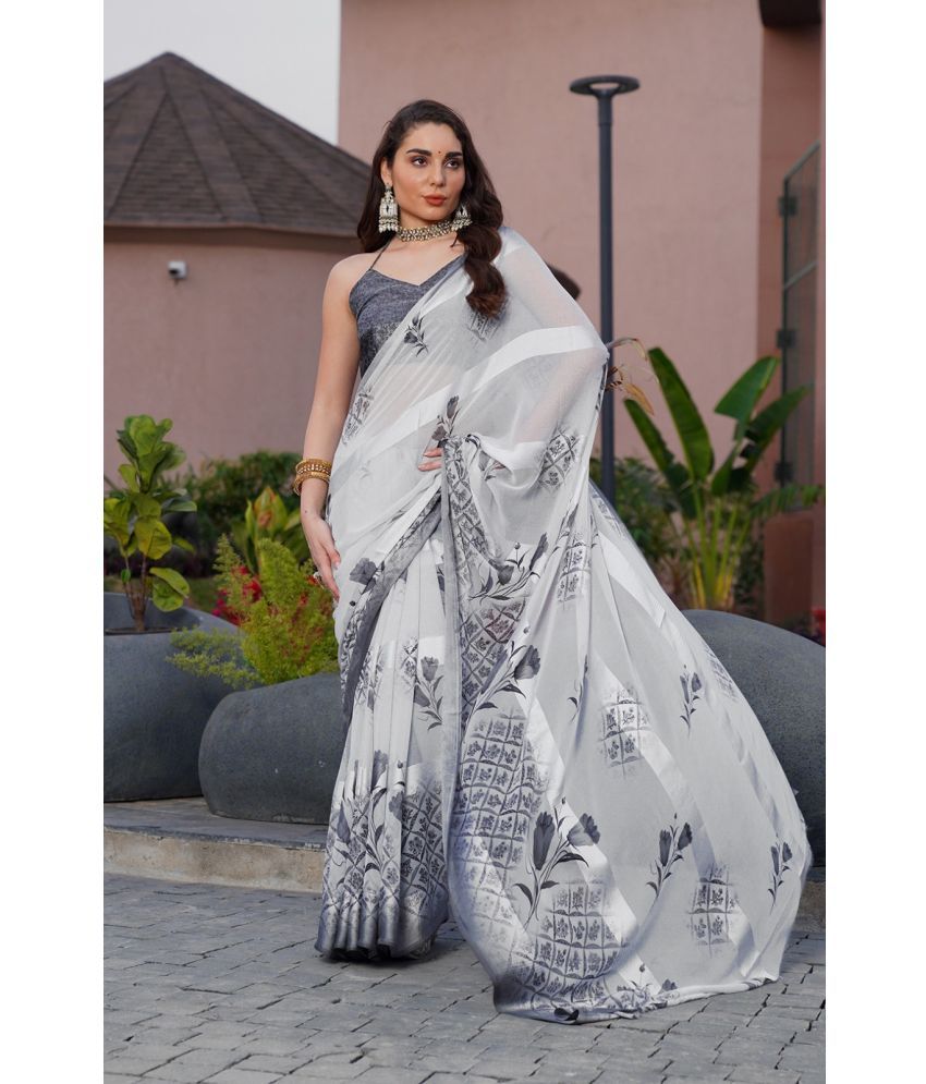     			Sanwariya Silks Satin Printed Saree With Blouse Piece ( Grey , Pack of 1 )