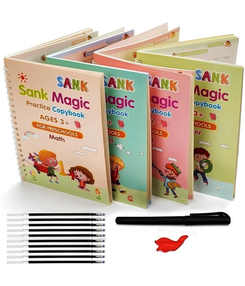     			AG TRADERS Magic Practice Copybook Set for Kids, 4 Books + 10 Refills + 1 Pen + 1 Grip, 19cm x 13cm, Number Tracing Book for Pre-Schoolers, Magic Calligraphy Copybook Writing Tool