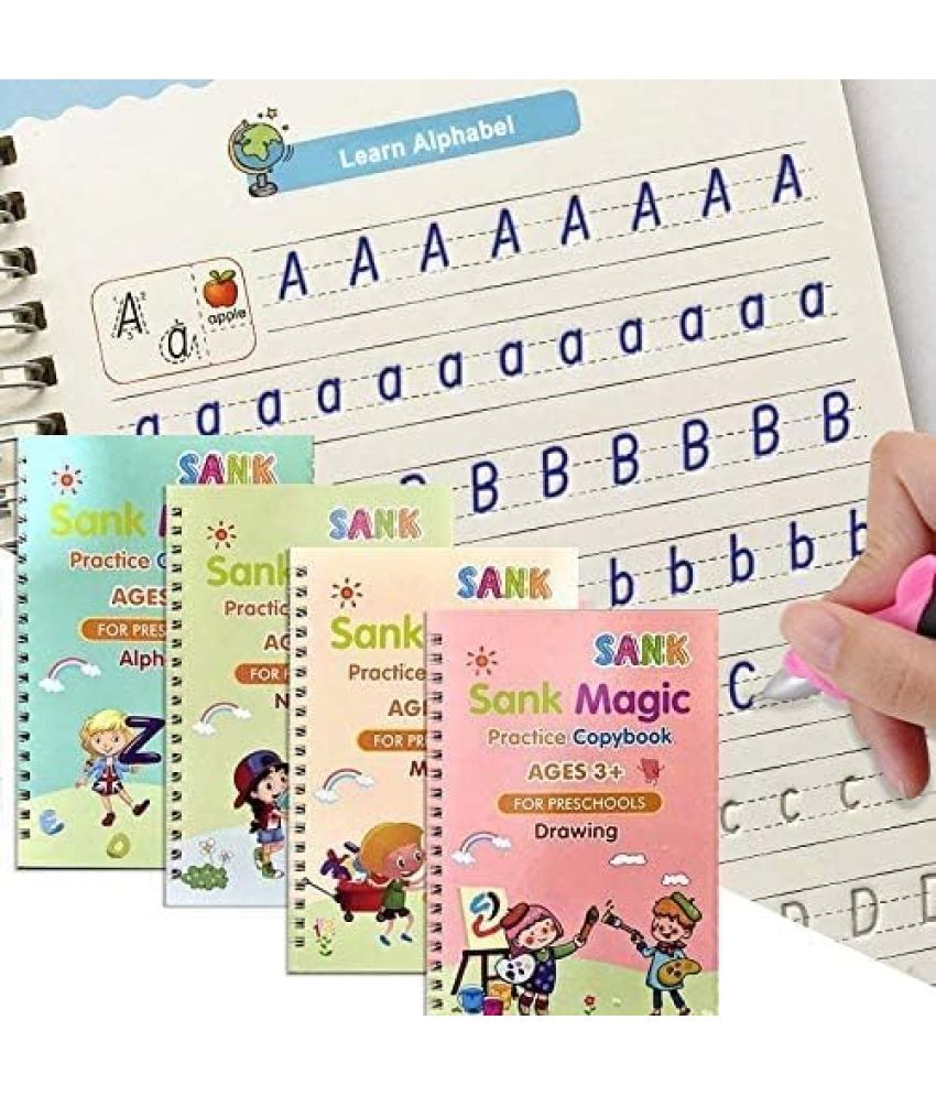     			AG TRADERS Magic Practice Copybook Set for Kids, 4 Books + 10 Refills + 1 Pen + 1 Grip, 19cm x 13cm, Number Tracing Book for Pre-Schoolers, Magic Calligraphy Copybook Writing Tool