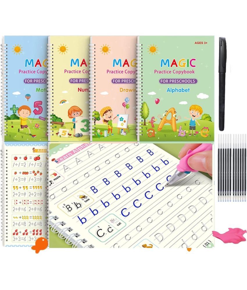     			AG TRADERS Magic Practice Copybook Set for Kids, 4 Books + 10 Refills + 1 Pen + 1 Grip, 19cm x 13cm, Number Tracing Book for Pre-Schoolers, Magic Calligraphy Copybook Writing Tool