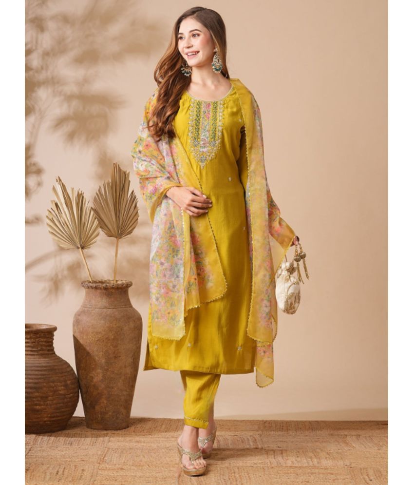     			Niza Fashion Chanderi Embroidered Kurti With Pants Women's Stitched Salwar Suit - Mustard ( Pack of 1 )