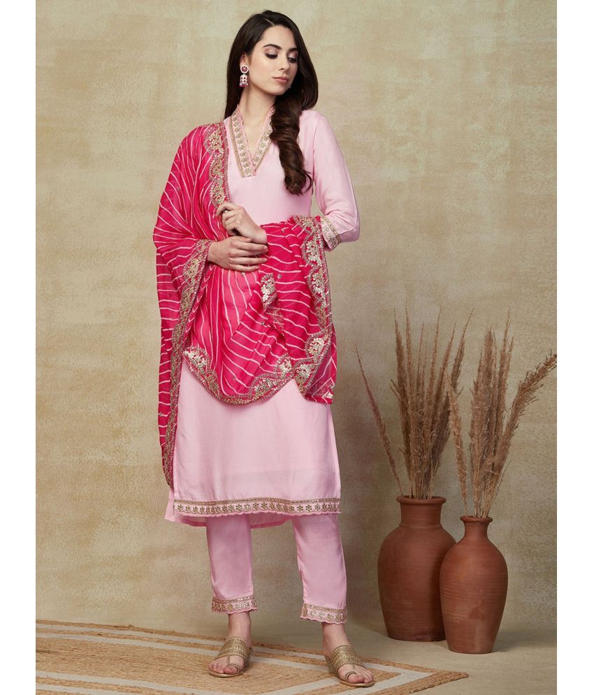     			Niza Fashion Viscose Embroidered Kurti With Pants Women's Stitched Salwar Suit - Pink ( Pack of 1 )