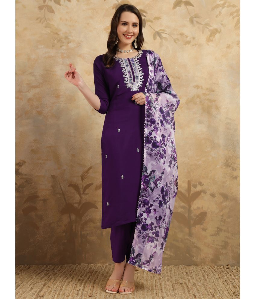     			Vividvibe Chanderi Embroidered Kurti With Pants Women's Stitched Salwar Suit - Purple ( Pack of 1 )