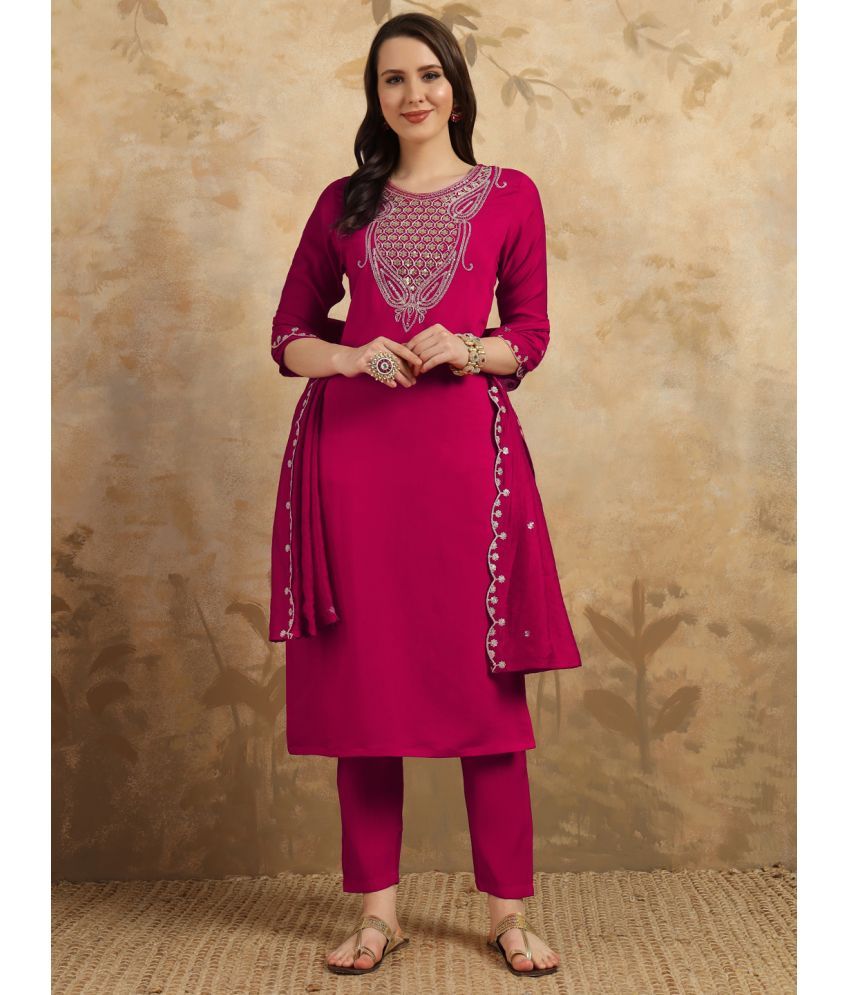     			Vividvibe Chanderi Embroidered Kurti With Pants Women's Stitched Salwar Suit - Pink ( Pack of 1 )