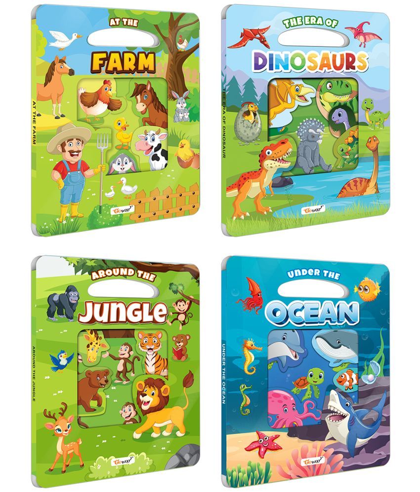     			At the Farm, The Era of Dinosaur, Around the Jungle and Under the Ocean Window Cut Board Book : Picture Book for Children, Early Learning Die cut shape Book, Board Book for Young Learners | Combo of 4 Die Cut Shape Board Books