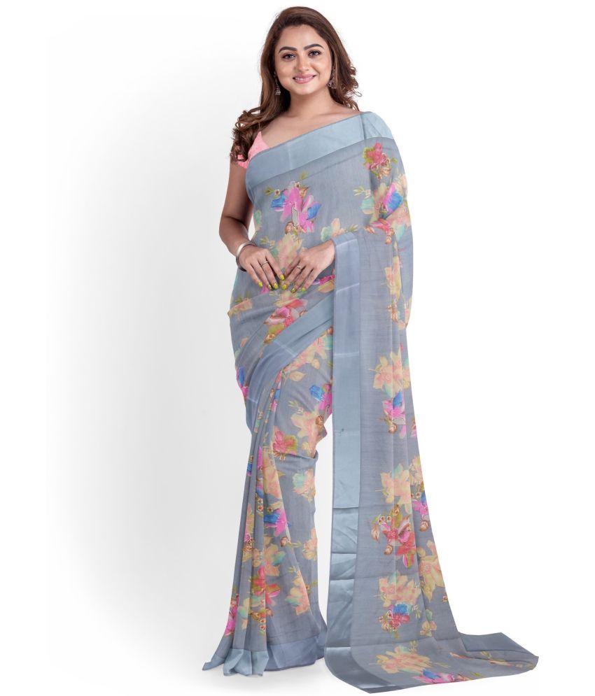     			Nandini Creation Cotton Blend Printed Saree With Blouse Piece ( Grey , Pack of 1 )