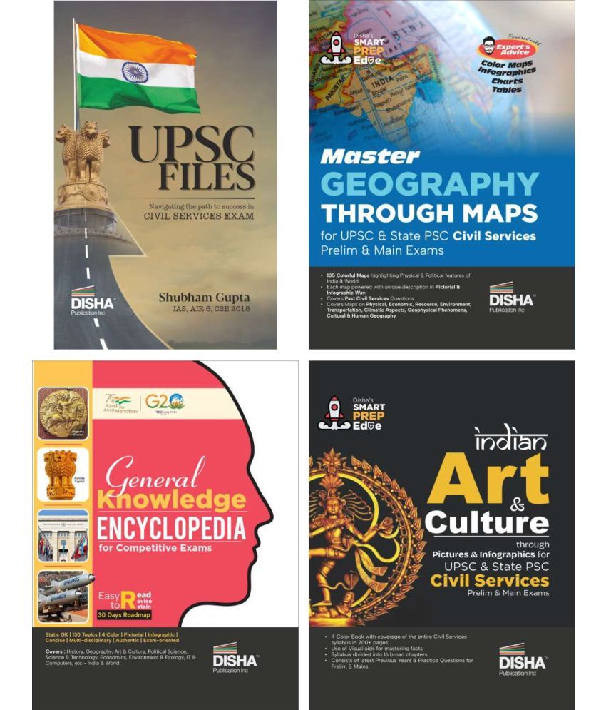     			Disha's Smart Prep Edge Combo (set of 4 Books) - UPSC Files with Geography through Maps, Indian Art & Culture & General Knowledge Encyclopaedia for Ci