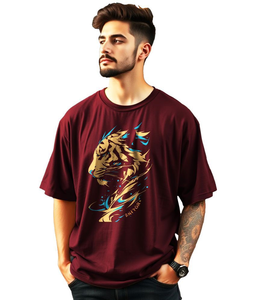     			ENITOR Cotton Oversized Fit Printed Half Sleeves Men's Round T-Shirt - Maroon ( Pack of 1 )