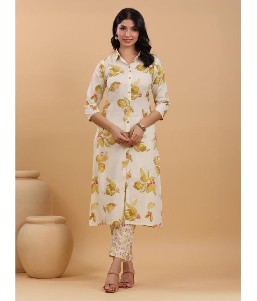     			Janasya Cotton Printed Kurti With Pants Women's Stitched Salwar Suit - Cream ( Pack of 1 )