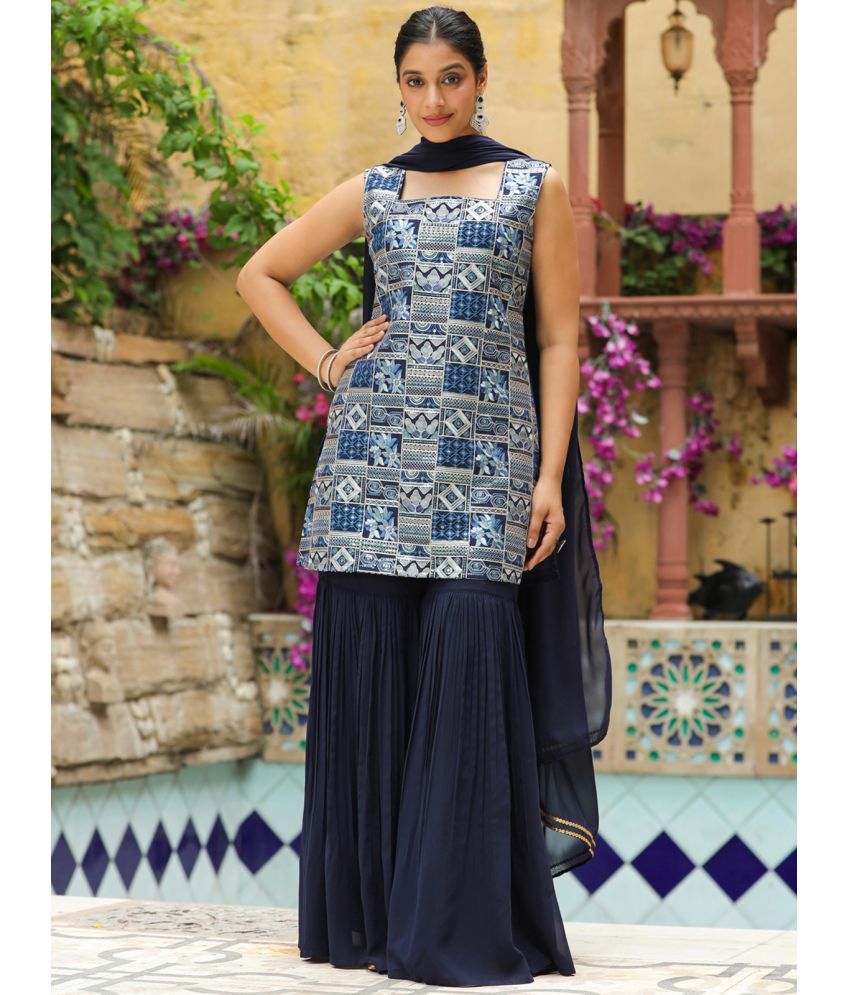     			Janasya Georgette Embellished Kurti With Sharara And Gharara Women's Stitched Salwar Suit - Navy Blue ( Pack of 1 )