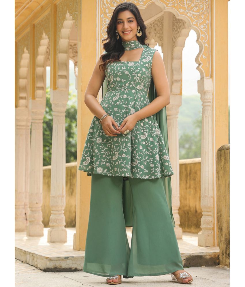     			Janasya Georgette Embroidered Kurti With Palazzo Women's Stitched Salwar Suit - Green ( Pack of 1 )