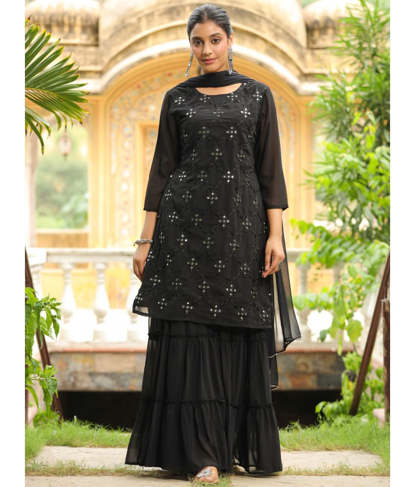     			Janasya Georgette Embroidered Kurti With Sharara And Gharara Women's Stitched Salwar Suit - Black ( Pack of 1 )