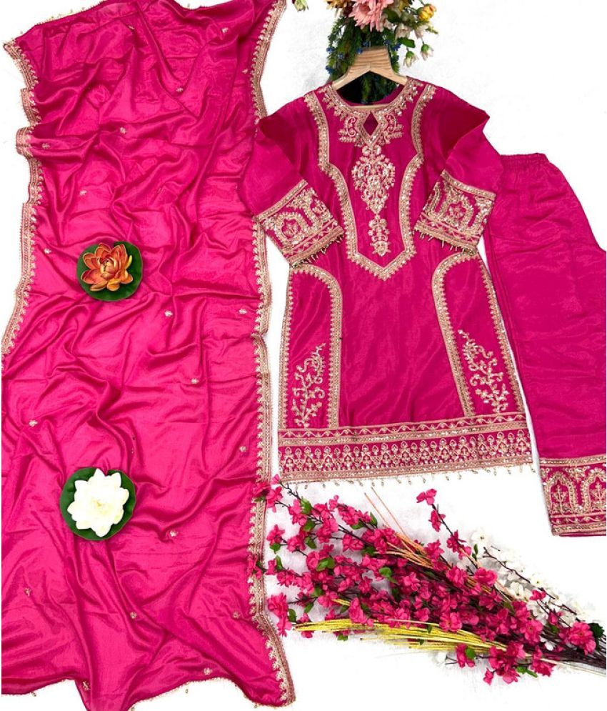     			rangvini Chanderi Silk Embroidered Kurti With Pants Women's Stitched Salwar Suit - Pink ( Pack of 1 )