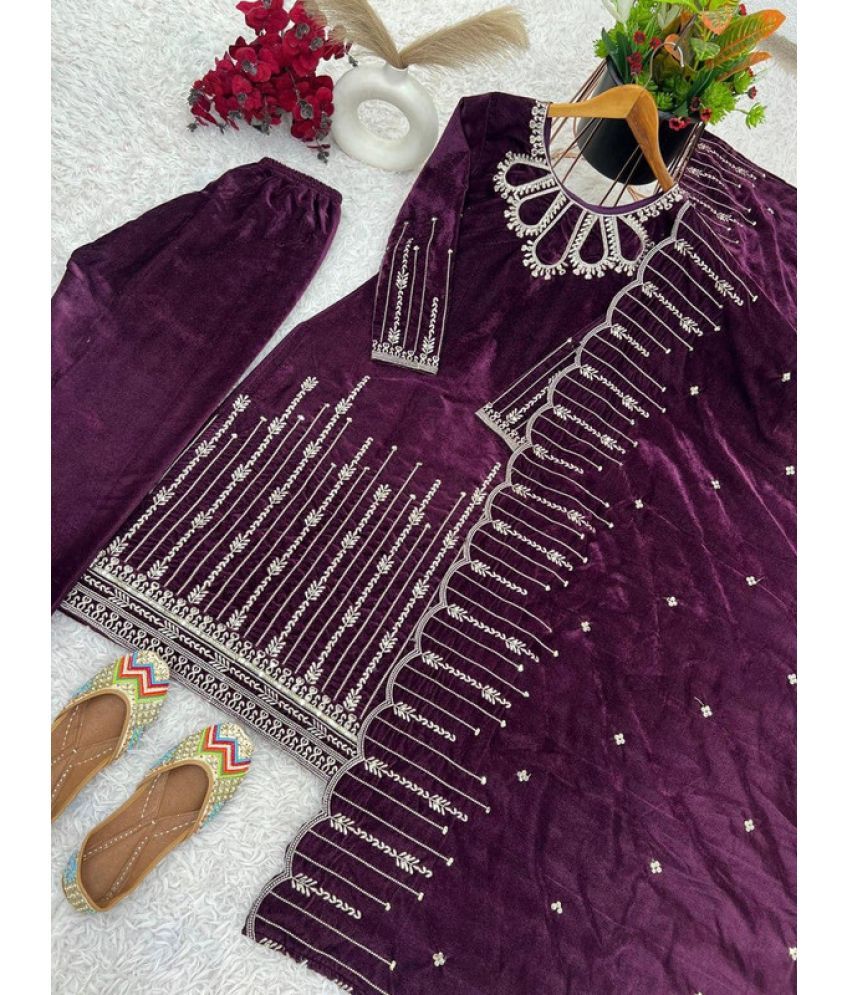     			rangvini Velvet Embroidered Kurti With Pants Women's Stitched Salwar Suit - Wine ( Pack of 1 )