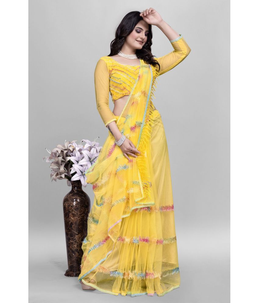     			Aika Net Embroidered Saree With Blouse Piece ( Yellow , Pack of 1 )