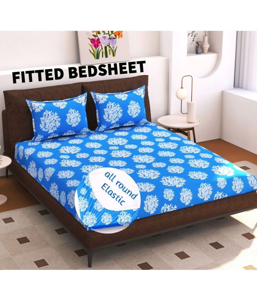     			Blinkberry Cotton Floral Fitted 1 Bedsheet with 2 Pillow Covers ( King Size ) - Blue