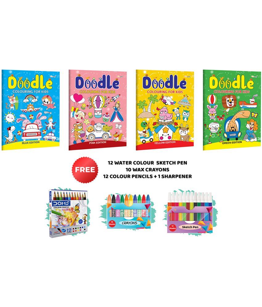     			Doodle Colouring for kids - Blue, Pink, Yellow and Green Edition with 10 wax crayons, 12 water colour sketch pen and 12 colour pencil + Sharpner | Pack of 4 Colouring Books