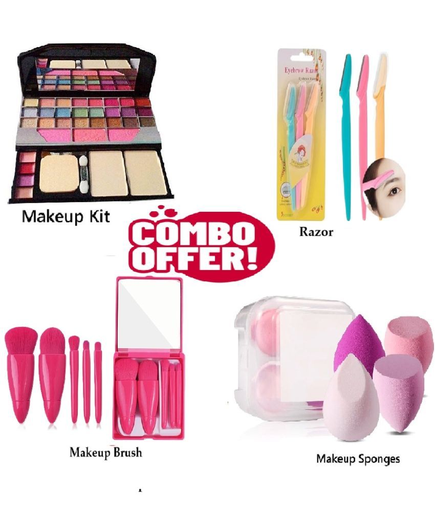     			Trendy Full Makeup Combo of 4 (Makeup Kit ,5 Pink Brush with Mirror,Tinkle Razor 3, 4 spong Box) for Women/Girls