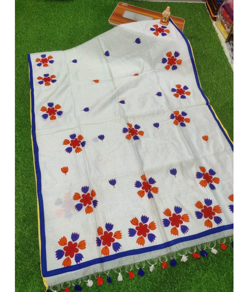     			SARADA HANDLOOM Cotton Printed Saree With Blouse Piece ( White , Pack of 1 )