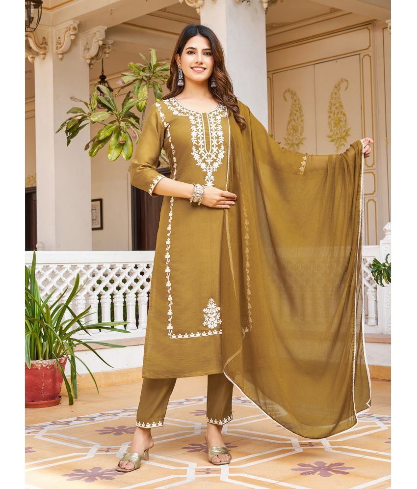     			VIBEVISION Cotton Blend Embroidered Kurti With Pants Women's Stitched Salwar Suit - Brown ( Pack of 1 )