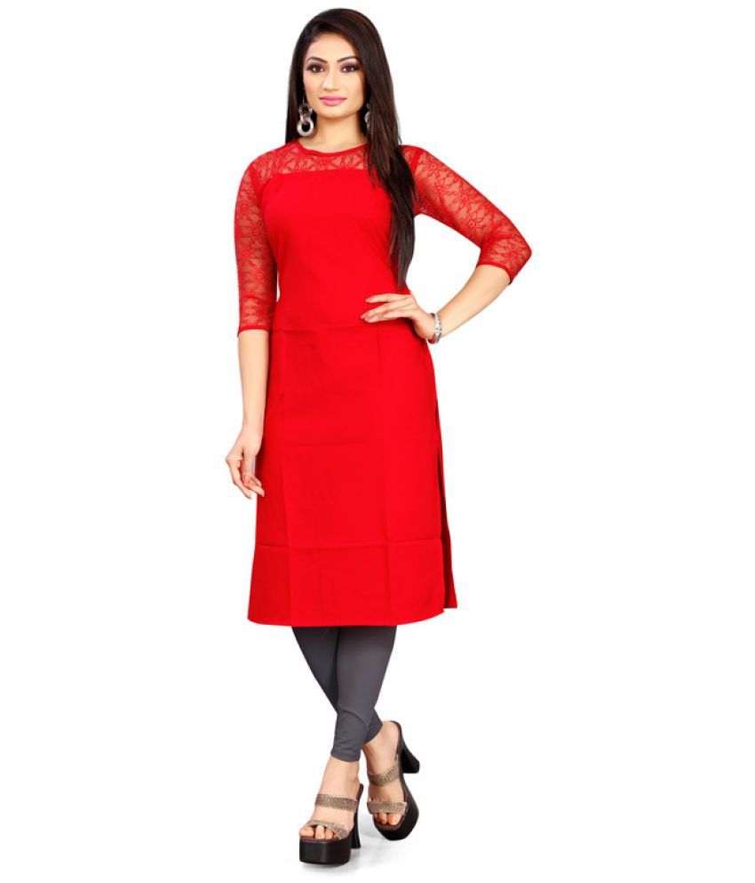     			rangvini Pack of 1 Crepe Self Design Straight Women's Kurti - ( Red )