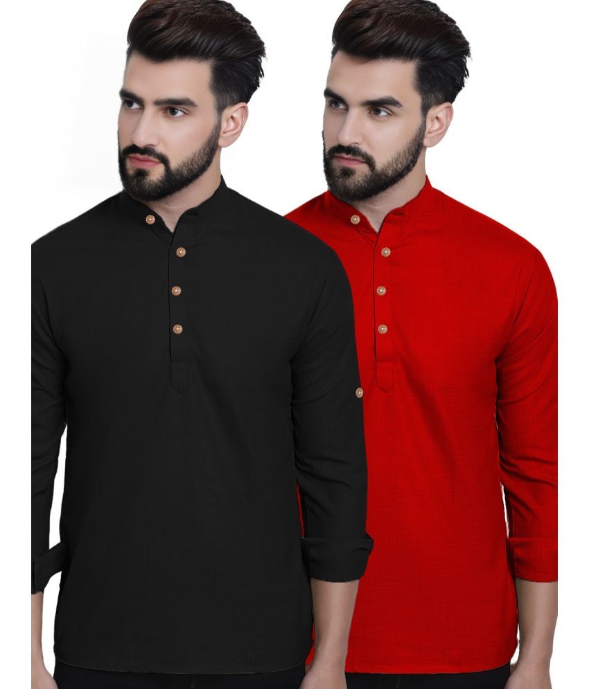     			BHUVIKOO Red Cotton Blend Men's Regular Kurta ( Pack of 2 )