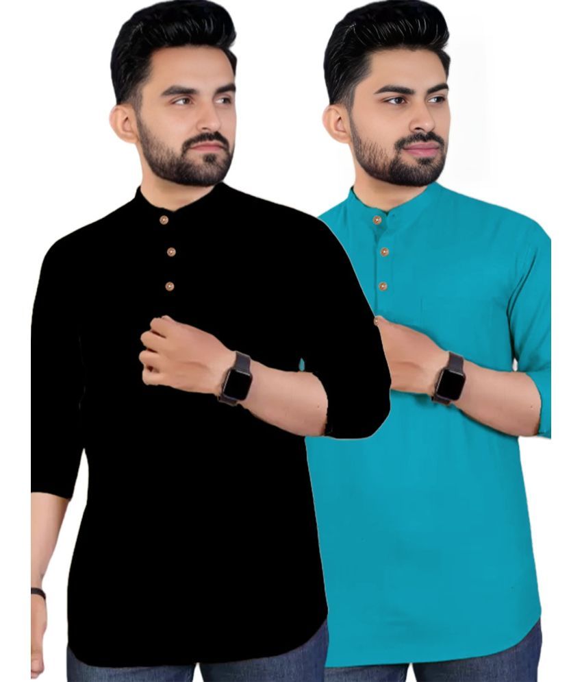     			BHUVIKOO Teal Cotton Blend Men's Regular Kurta ( Pack of 2 )