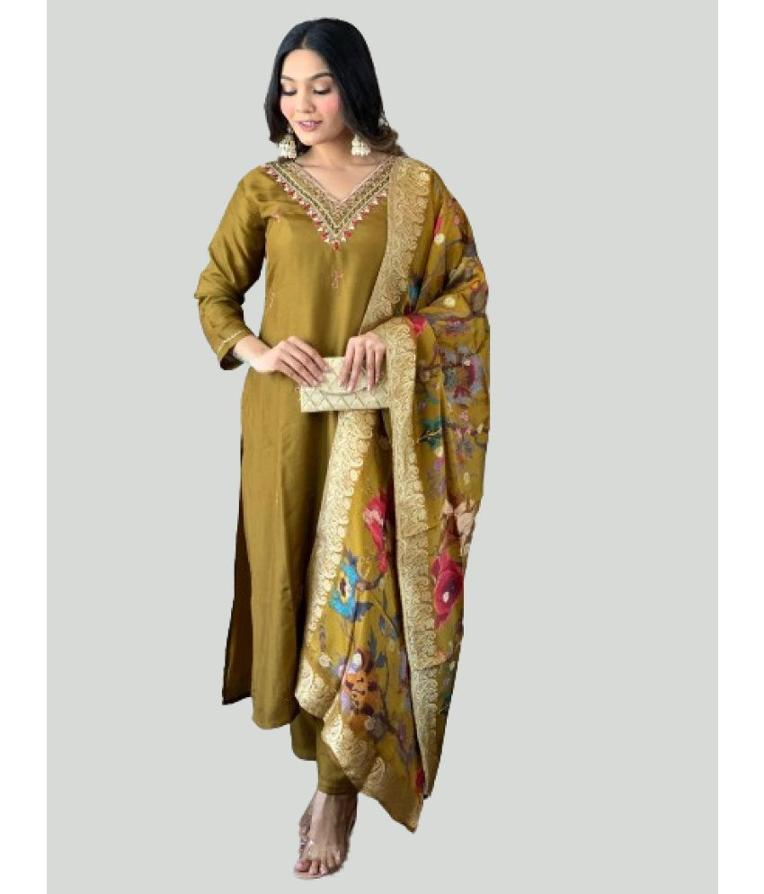     			vesta exports Chanderi Embroidered Kurti With Pants Women's Stitched Salwar Suit - Yellow ( Pack of 1 )