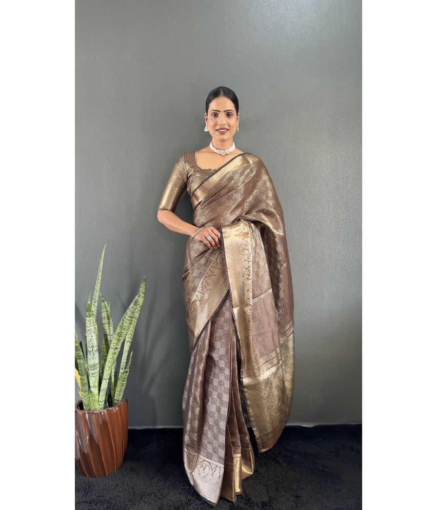     			Apnisha Tissue Embellished Saree With Blouse Piece ( Brown , Pack of 1 )