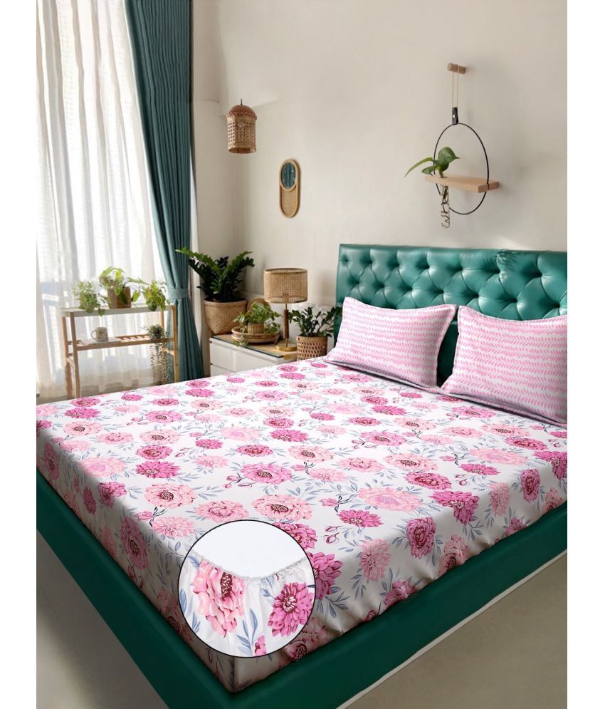     			Klotthe Poly Cotton Floral Fitted 1 Bedsheet with 2 Pillow Covers ( Double Bed ) - Pink