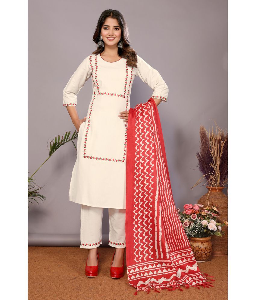     			Royal Export Pack of 1 Cotton Embroidered Straight Women's Kurti with Dupatta - ( Red )