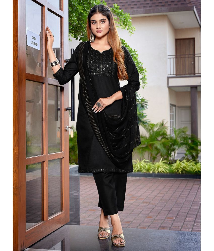     			Royal Export Pack of 1 Cotton Blend Embroidered Straight Women's Kurti with Dupatta - ( Black )