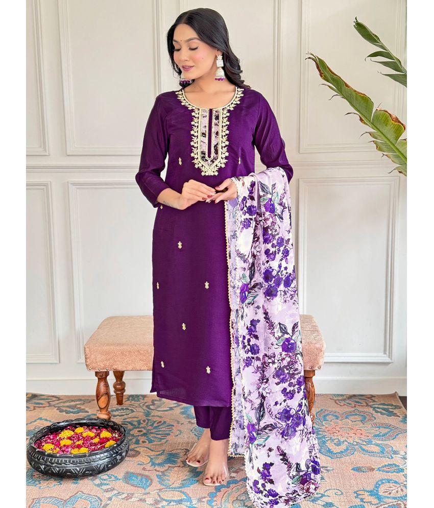     			Vividvibe Chanderi Embroidered Kurti With Pants Women's Stitched Salwar Suit - Purple ( Pack of 1 )