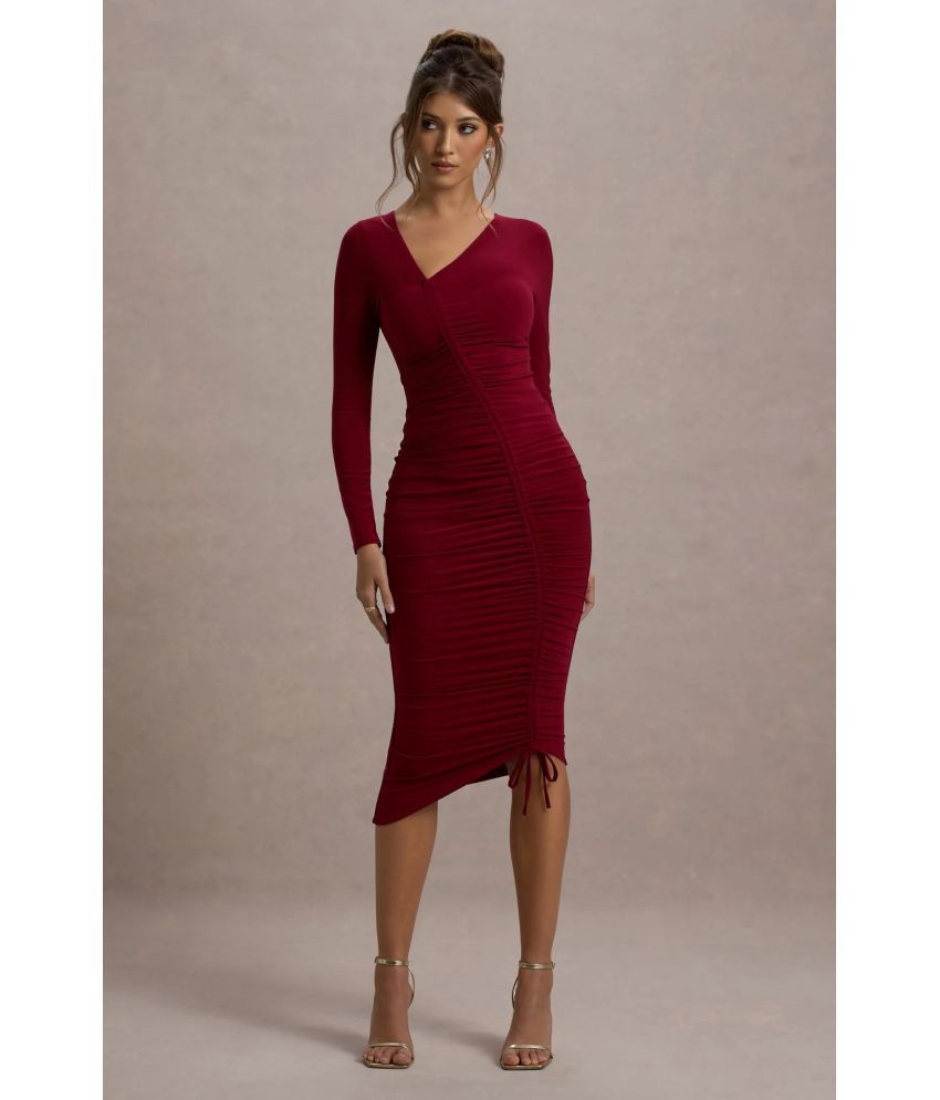     			wanquila Lycra Solid Calf-Length Women's Bodycon Dress - Maroon ( Pack of 1 )