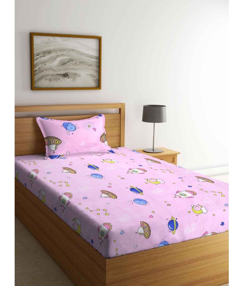     			Klotthe Poly Cotton Graphic Fitted 1 Bedsheet with 1 Pillow Cover ( Single Bed ) - Multi