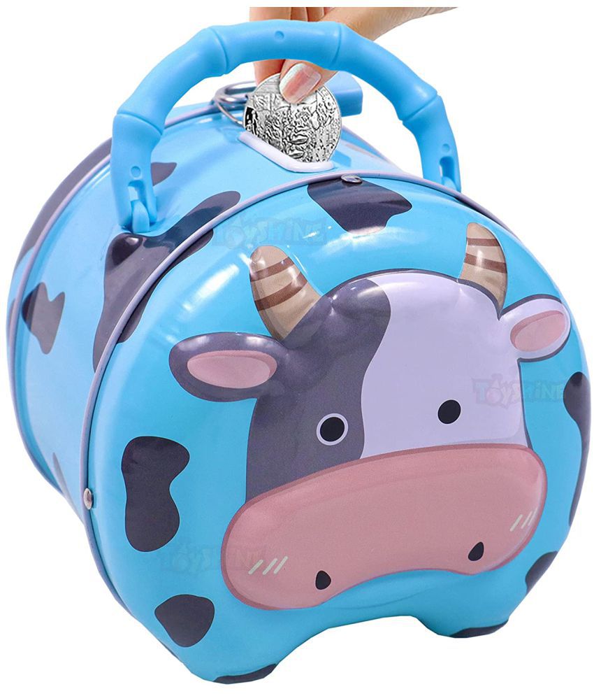 Toyshine Cow Money Box Safe Piggy Bank with Lock, Savings Bank for Kids, Made of Tin Metal - Blue