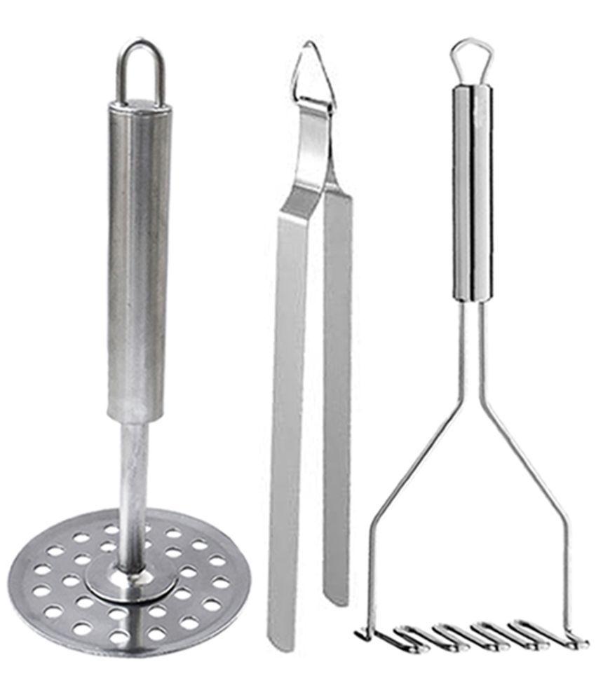     			JISUN Stainless Steel 2 Potato Masher/Pav bhaji masher/Vegetable Masher and Tong roti Sekne chimta Silver Kitchen Tool Set