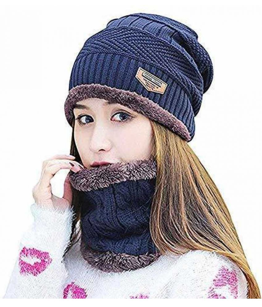     			Total Health Women's Blue Woollen Beanie Cap For Winter ( Pack Of 1 )