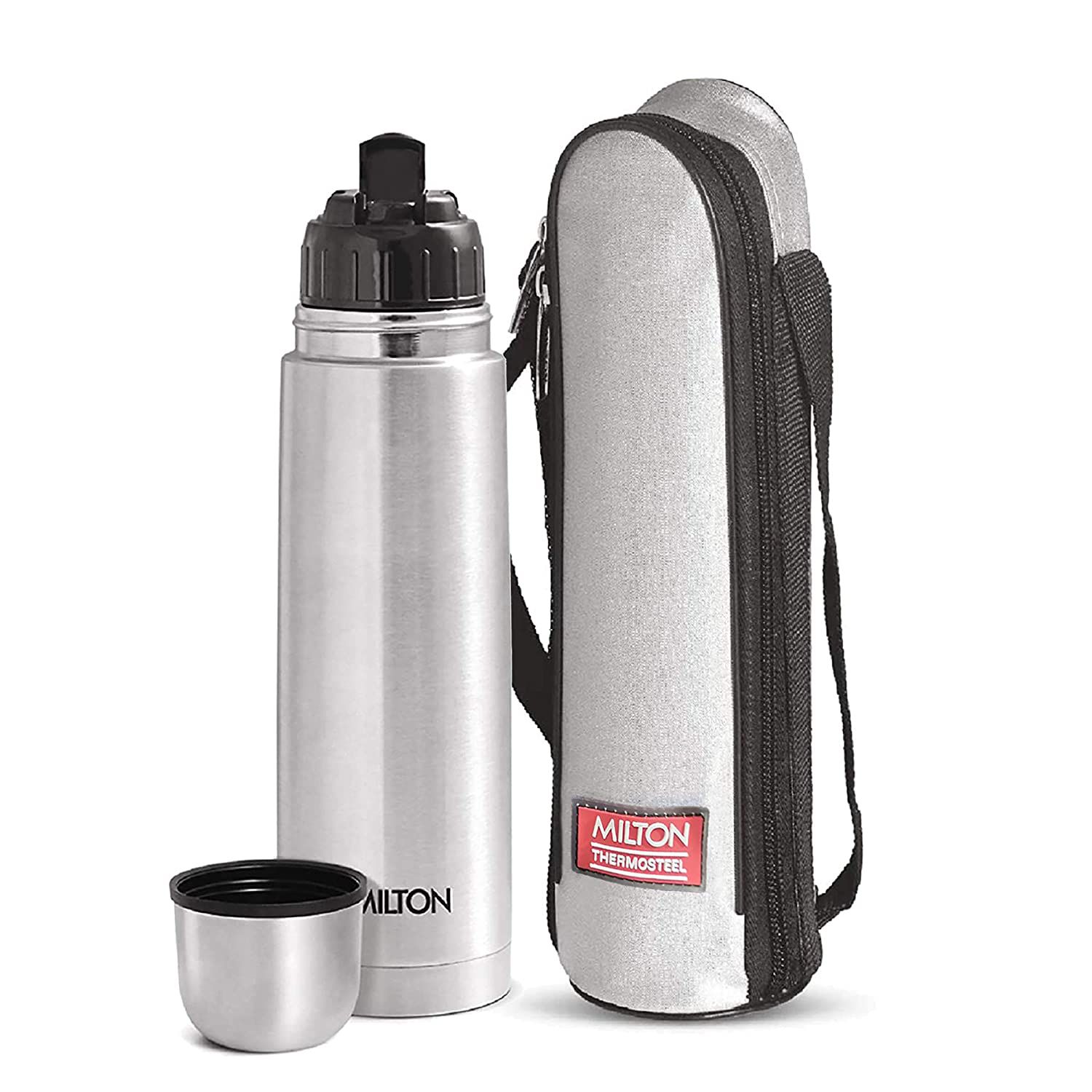     			Milton Flip Lid 500 Thermosteel 24 Hours Hot and Cold Water Bottle with Bag, 500 ml, Silver