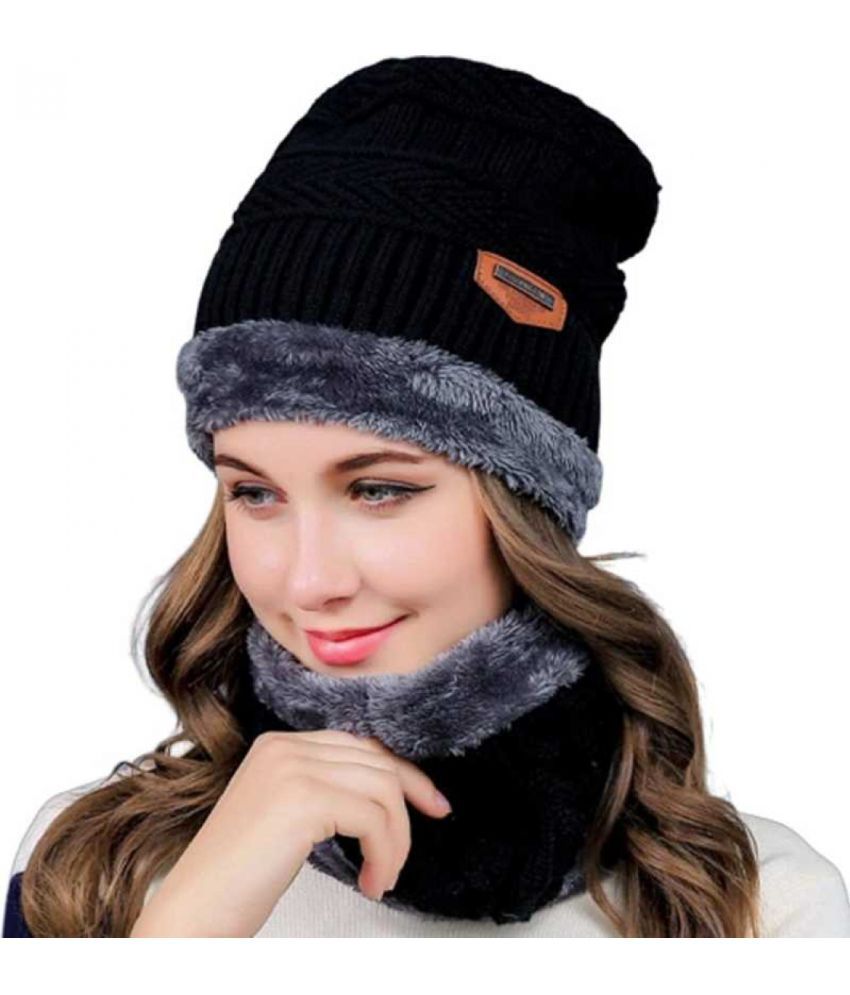     			Total Health Women's Black Woollen Beanie Cap For Winter ( Pack Of 1 )
