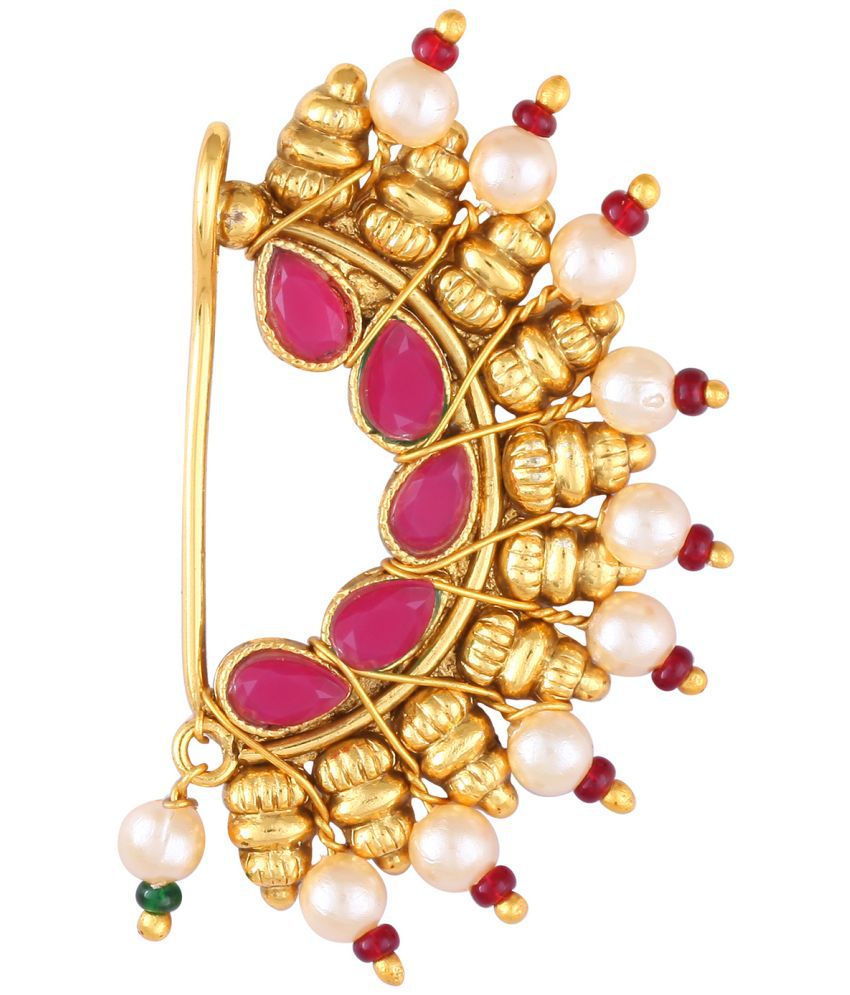Vighnaharta Maharastrian Culture Nath Gold Plated alloy Artificial Stones & Pearl work Guchhedar Nose Pin for Women and Girls- (VFJ1061NTH-Press-Red)