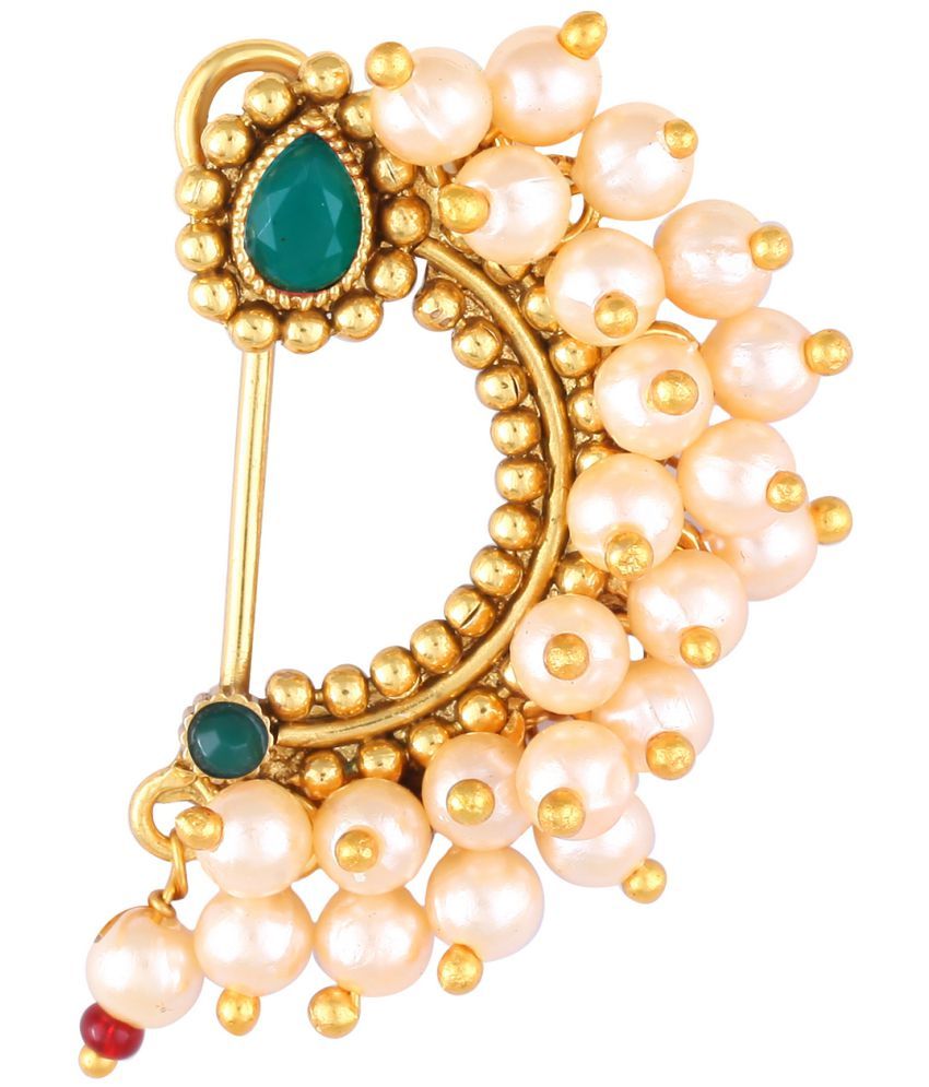     			Vighnaharta Maharastrian Culture Nath Gold Plated alloy Artificial Stones & Pearl work Guchhedar Nose Pin for Women and Girls- (VFJ1063NTH-Press-Green)