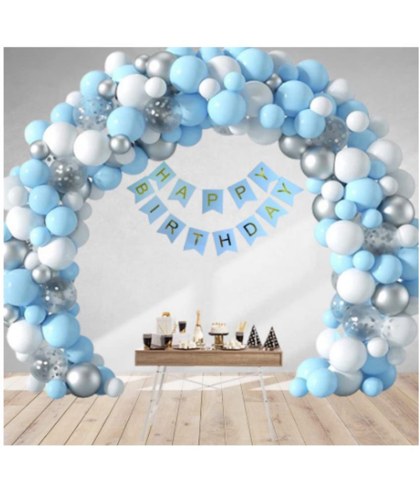     			Blooms Mall  Happy Birthday Kit - Metallic silver, White & Pastel Blue Balloons – 125 pcs