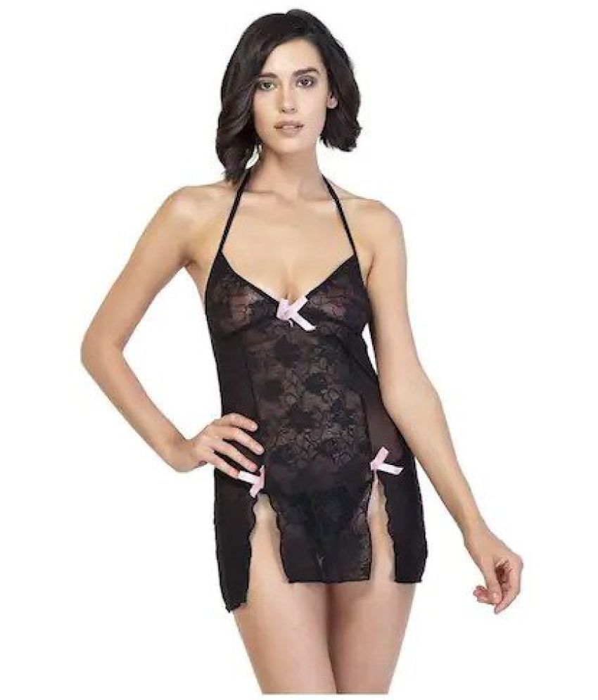     			CELOSIA Net Baby Doll Dresses With Panty - Black Single