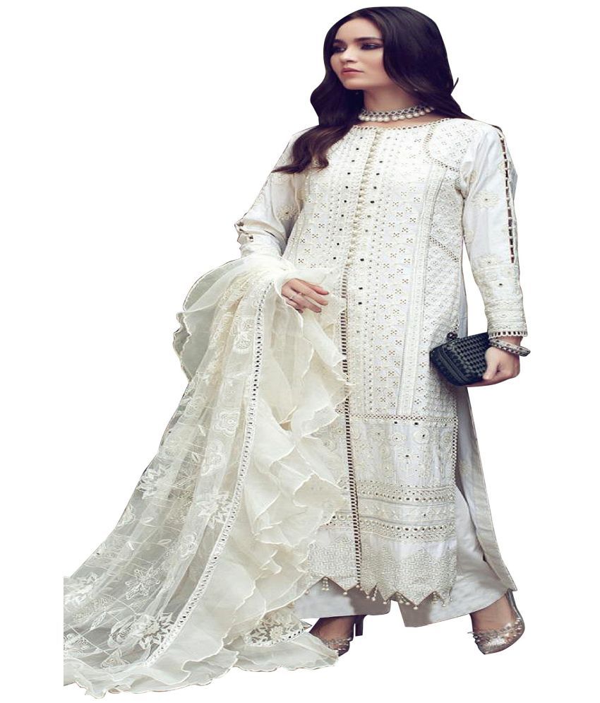 ZARIN TRENDZ White Cotton Pakistani Semi-Stitched Suit - Single