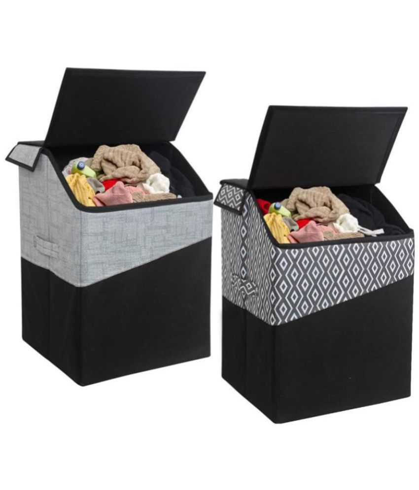     			PrettyKrafts Laundry Square Shape Basket Bag/Foldable/Multipurpose/Carry Handles/Slanting Lid for Home, Cloth Storage,(Pack of 2) Jute and Diamond Black