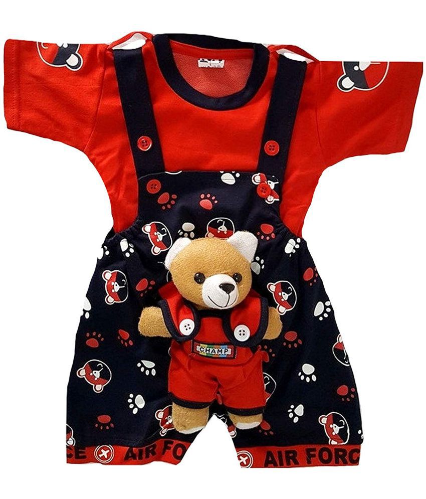     			little PANDA Baby Boys and Baby Girls Dungaree, Half Sleeves T-Shirt & Teddy Bear Clothing Set