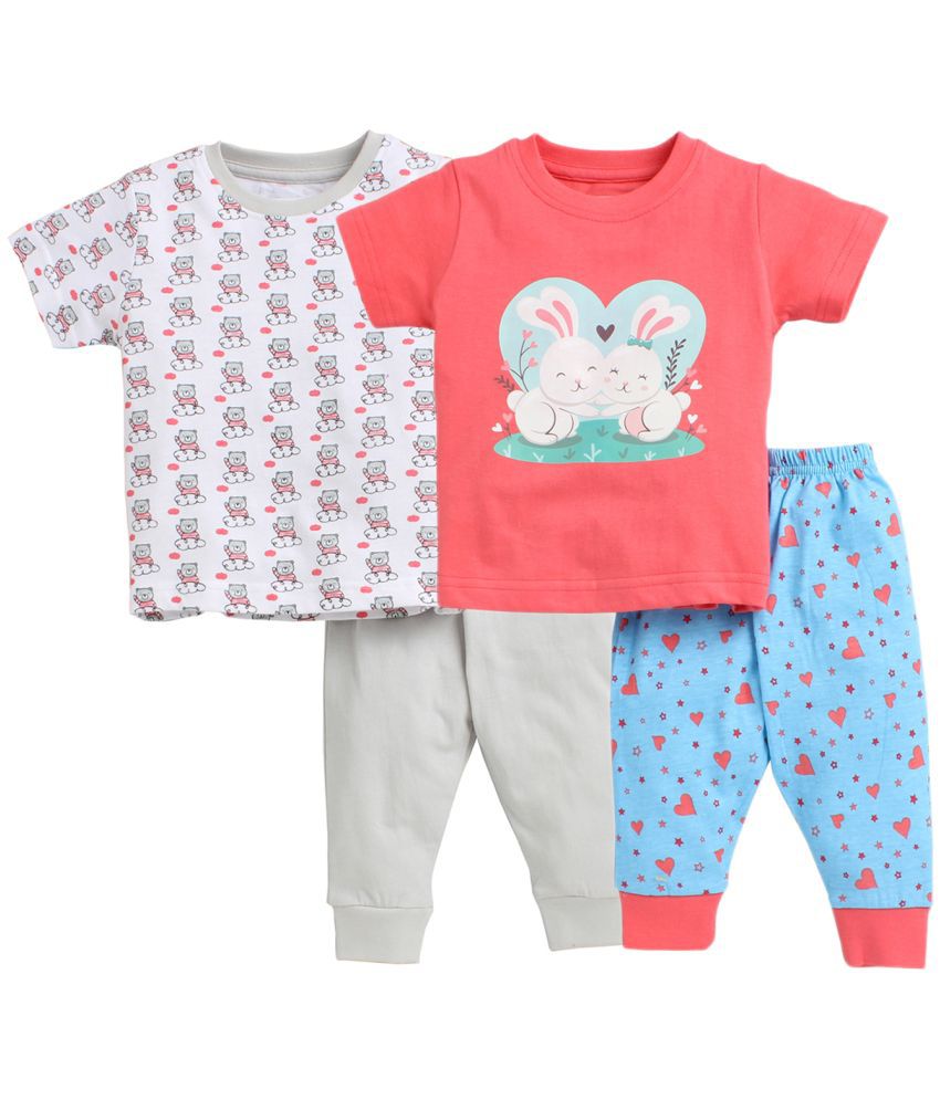     			BUMZEE Pink & Grey Half Sleeve Baby Girls T-Shirt & Pajama Set Pack Of 2 Age - 3-6 Months
