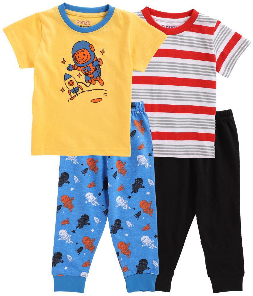    			BUMZEE Yellow & Red Half Sleeve Baby Boys T-Shirt & Pajama Set Pack Of 2 Age - 3-6 Months
